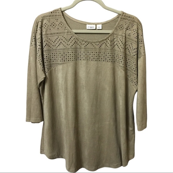 TAUPE top w/ cutout yolk. Super soft & comfy - Picture 1 of 7